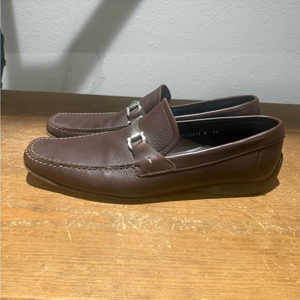 Salvatore Ferragamo Chocolate Leather Slip-Ons with Silver Accent - Picture 4 of 11